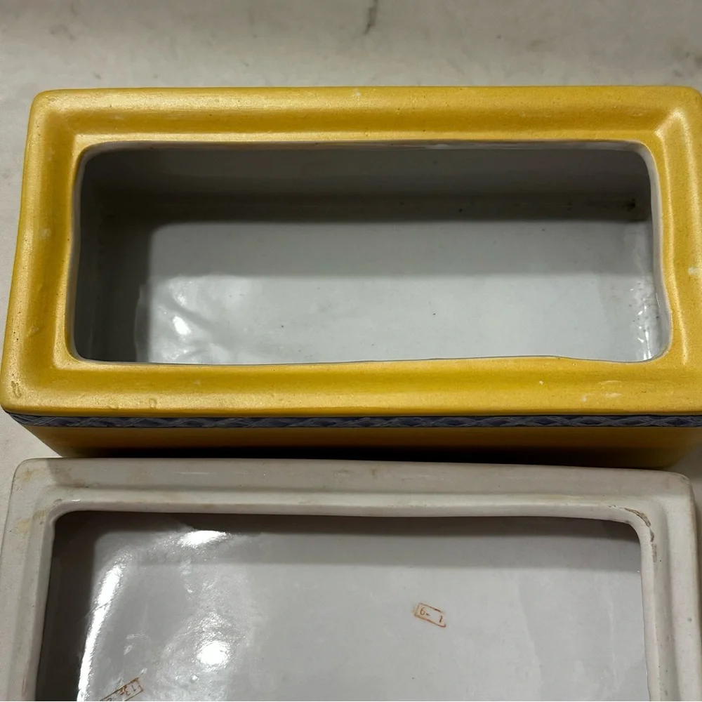Mid Century Modern Handpainted Ceramic Yellow Trinket Box Blue Chairs